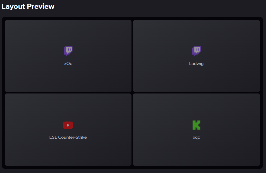Multistream viewer showing 4 streams in a 2x2 grid layout with xQc and Ludwig on Twitch, ESL Counter-Strike on YouTube, and xqc on Kick