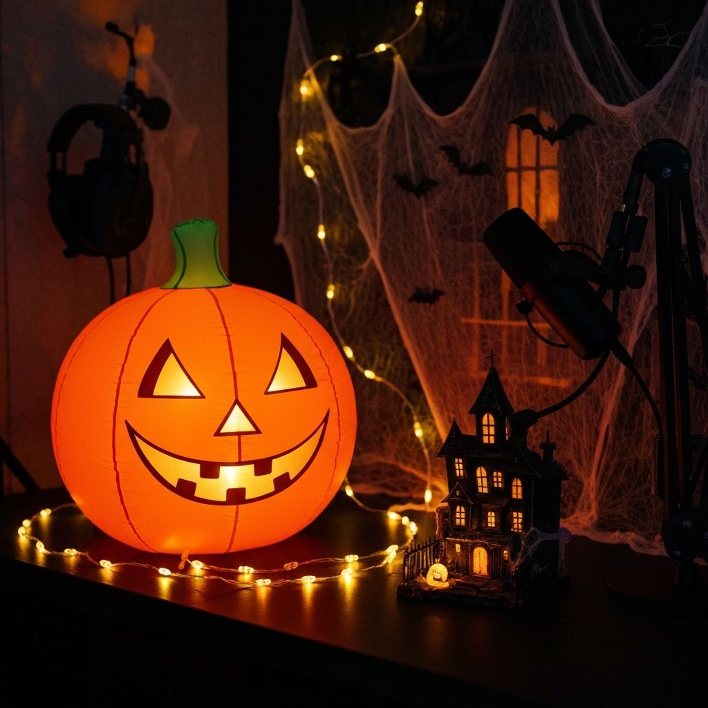 Glowing jack-o-lantern, fairy lights, cobwebs and a haunted house model beside a broadcast microphone