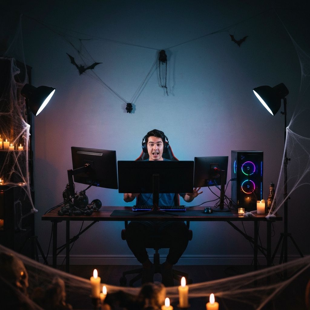 Streaming desk decorated for Halloween with cobwebs, hanging bats, candles and softbox lighting