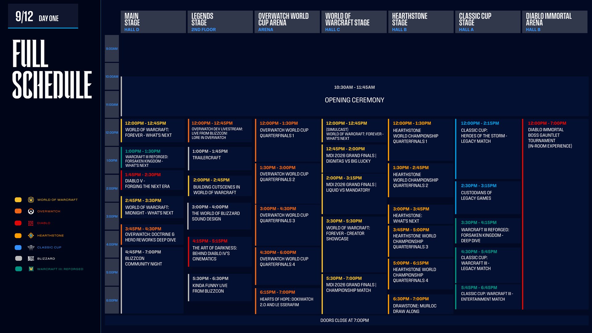BlizzCon 2026 Day 1 full schedule grid for September 12 across seven stages: Main Stage, Legends Stage, Overwatch World Cup Arena, World of Warcraft Stage, Hearthstone Stage, Classic Cup Stage and Diablo Immortal Arena