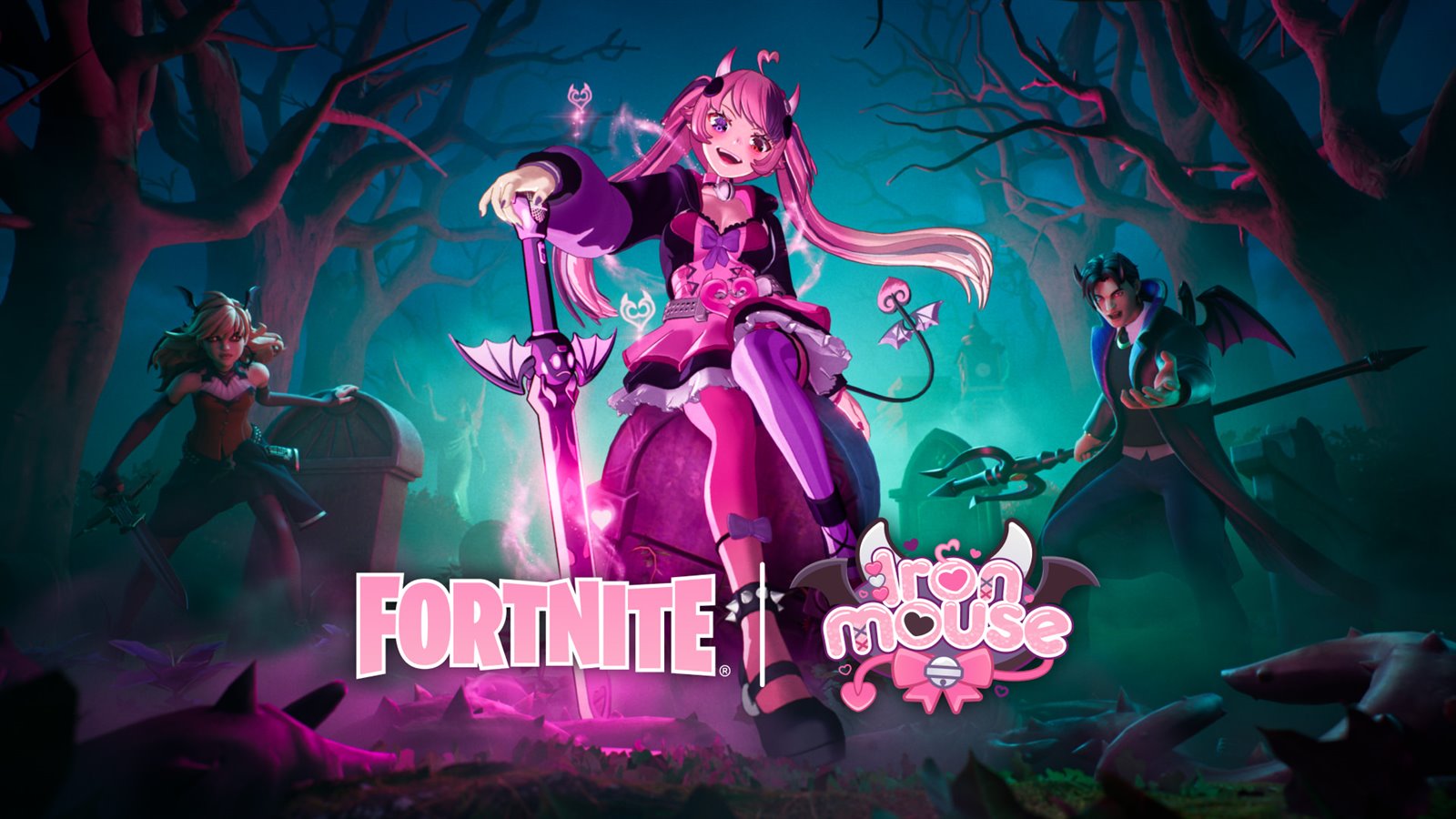 Fortnite key art for the Ironmouse Icon Series collaboration: the pink-haired VTuber sits on a gravestone in a purple-lit graveyard holding an oversized winged sword, flanked by two vampire characters, with the Fortnite and Ironmouse logos below
