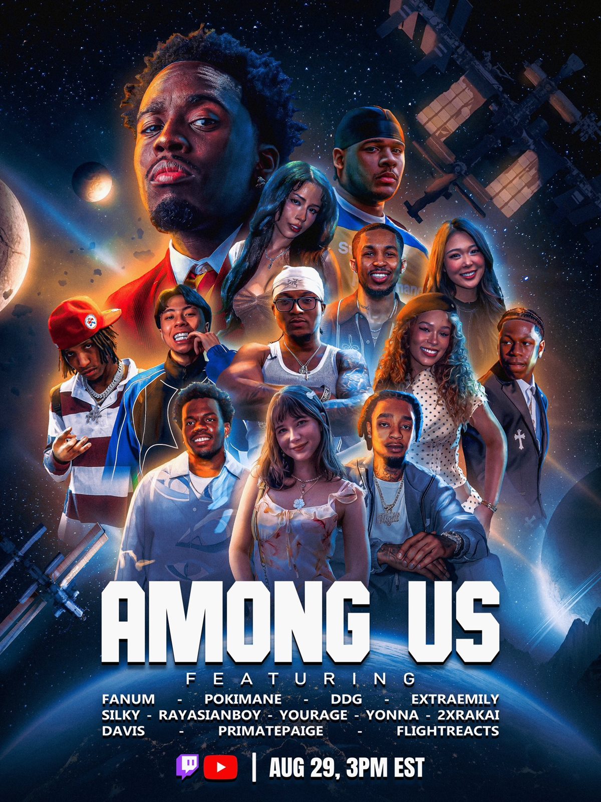 Kai Cenat's Among Us announcement poster showing the full lineup of 13 creators against a space station backdrop, dated August 29 at 3PM EST