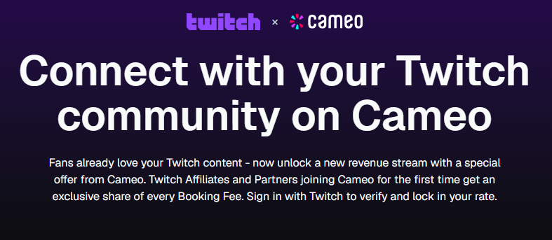 Twitch and Cameo co-branded enrollment page reading Connect with your Twitch community on Cameo