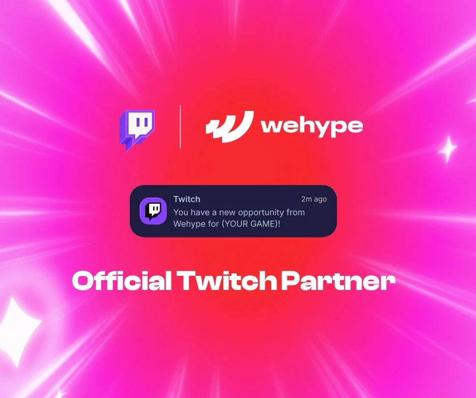 Wehype promotional graphic marking it as an official Twitch partner, showing a mock Twitch notification reading: You have a new opportunity from Wehype for (YOUR GAME)!