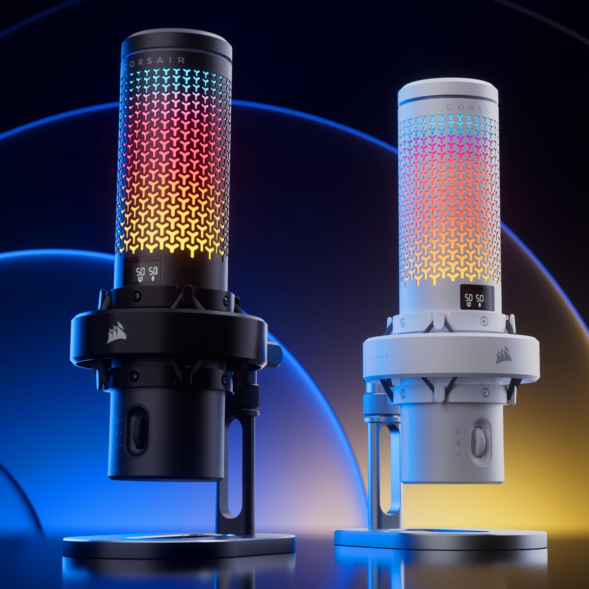 Corsair VOXARA USB gaming condenser microphone on its detachable aluminium stand