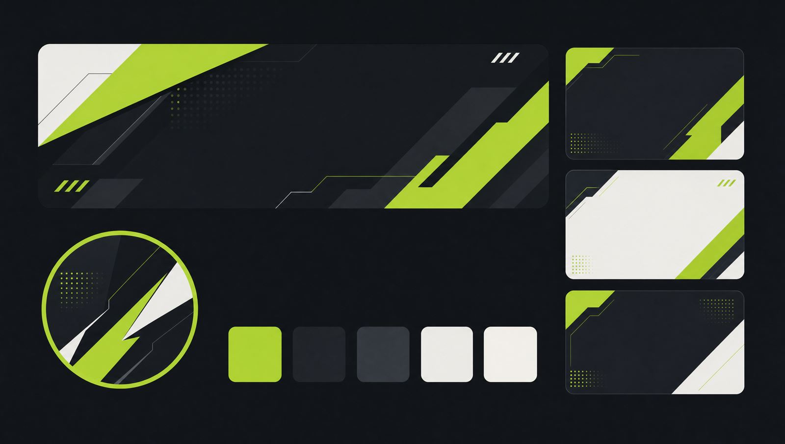 Abstract illustration of a streamer channel identity kit: a wide banner, a circular avatar, stacked panel blocks and a row of brand colour swatches