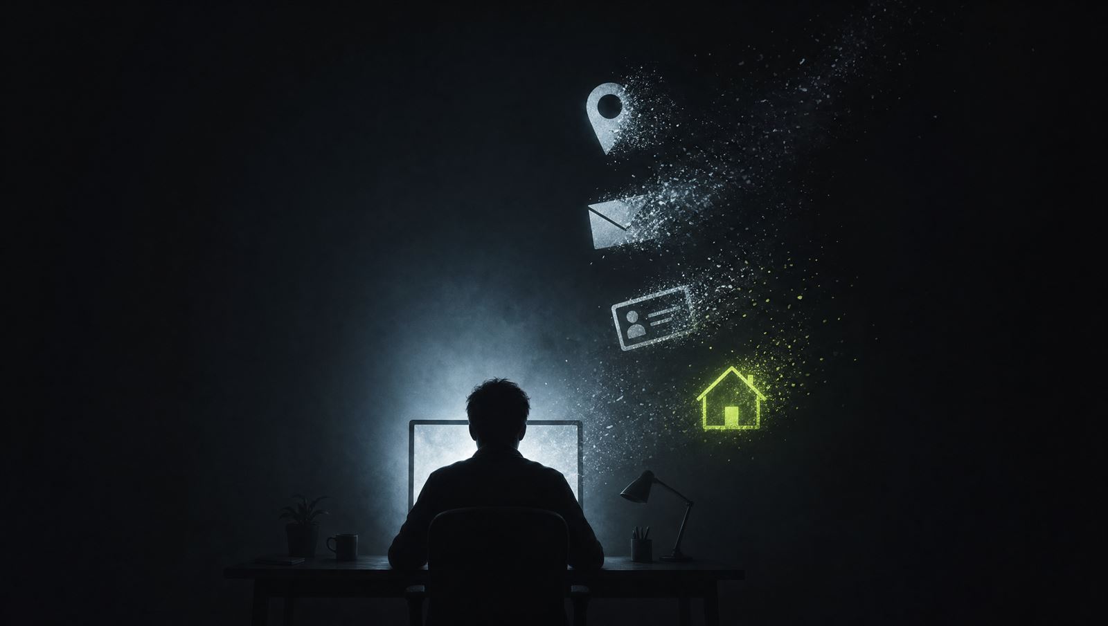 Conceptual illustration of a streamer silhouette at a lit monitor while symbols of personal data — a location pin, an envelope, an ID card and a house — dissolve into the darkness around them