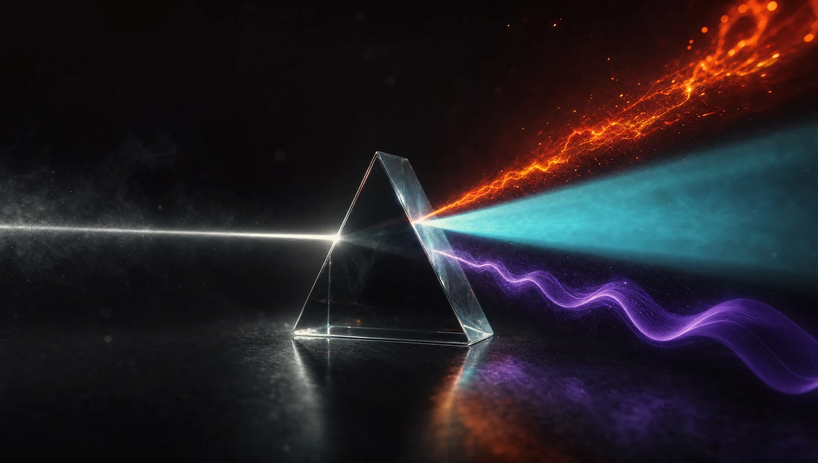 A single white beam of light hits a glass prism and refracts into three separate beams: a turbulent red one, a smooth wide cyan cone, and an undulating violet wave